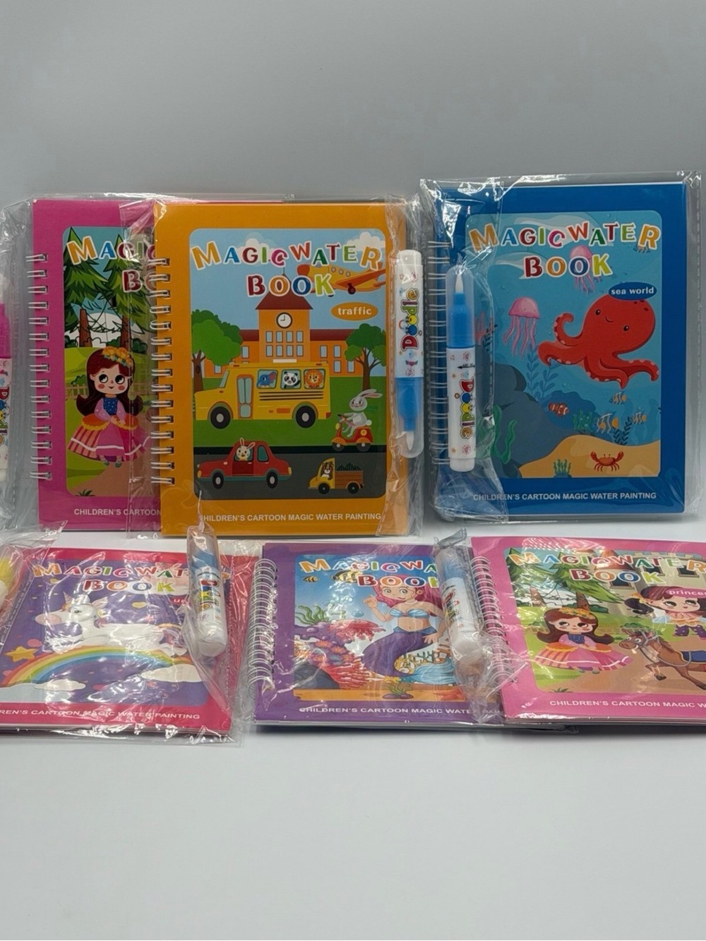 6-Pack Reusable Magic Water Coloring Books with Refillable Pens Kids Activity